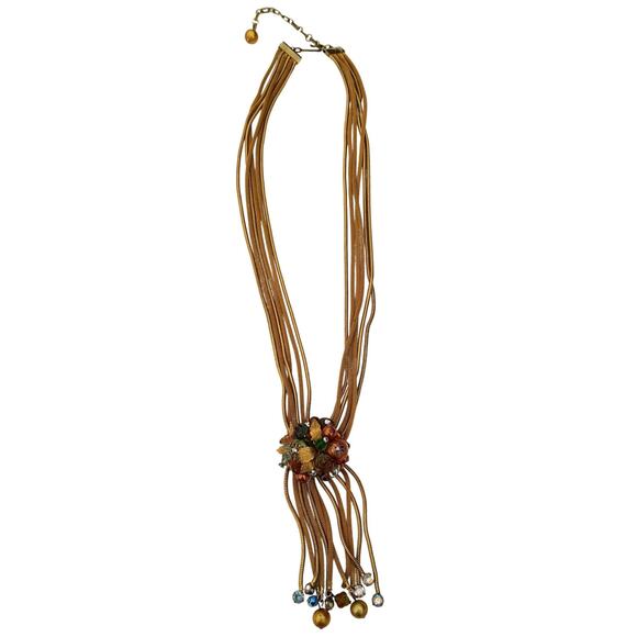 Vintage Aurora Borealis Beads Multi Strand Gold Tone Tie Necklace - Picture 2 of 5